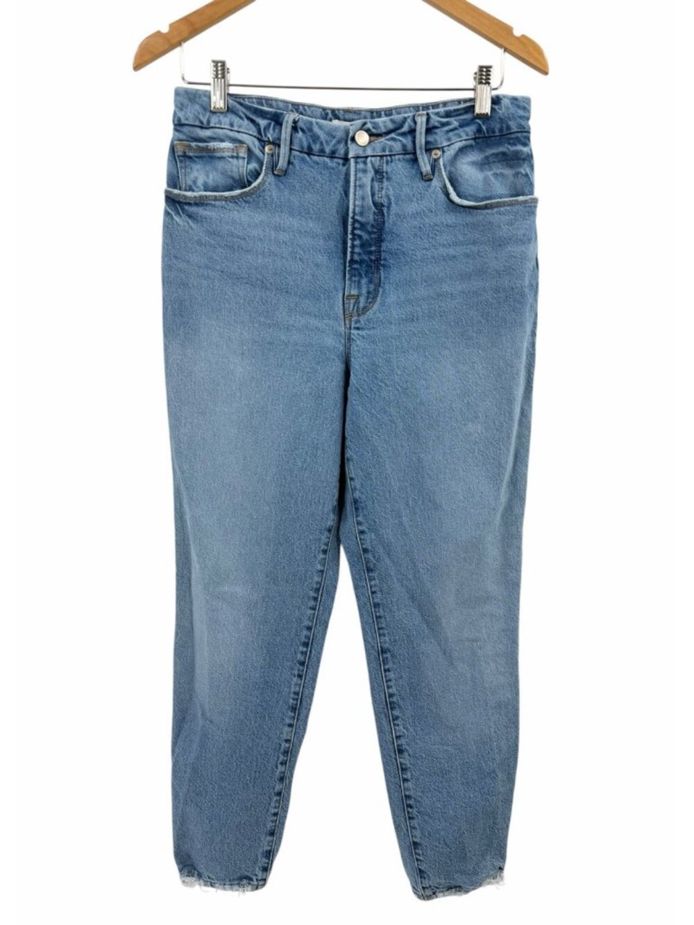 GOOD AMERICAN Women's Medium Wash Raw Hem Good Girlfriend Zipper Fly 8/29